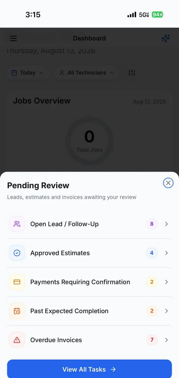 EZ Job mobile pending review list with leads, estimates and overdue invoices