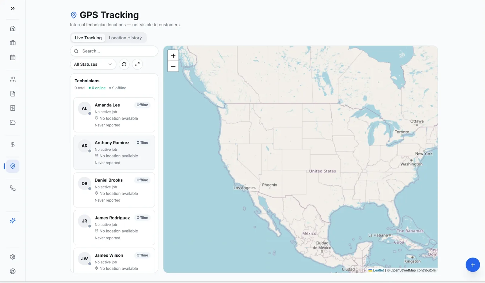 EZ Job GPS tracking map with technician list and live status