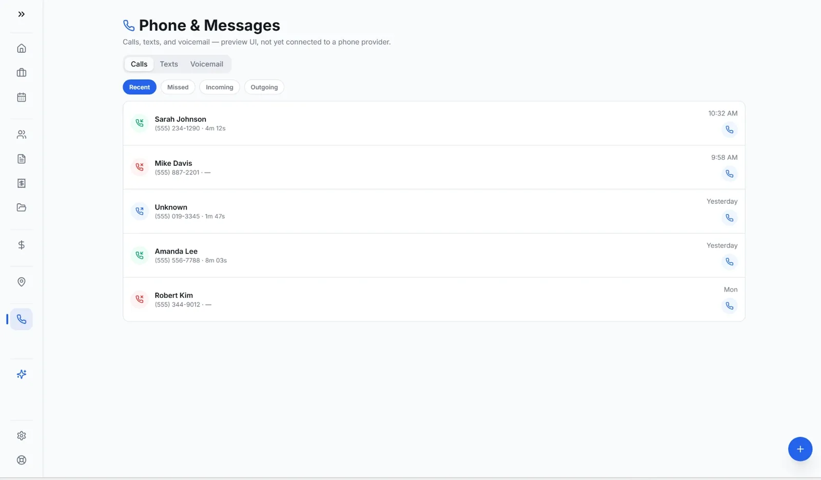 EZ Job phone and messages view with recent calls, texts and voicemail